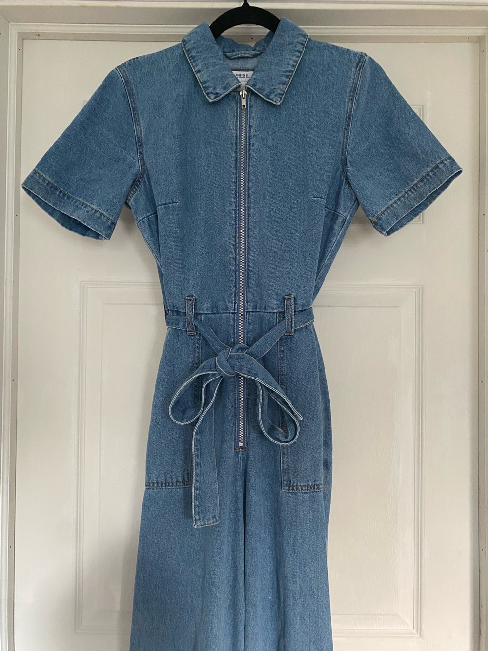 Y2K Forever 21 Premium Denim Belted Jumpsuit Outfit Wide Leg Women’s Sz Medium